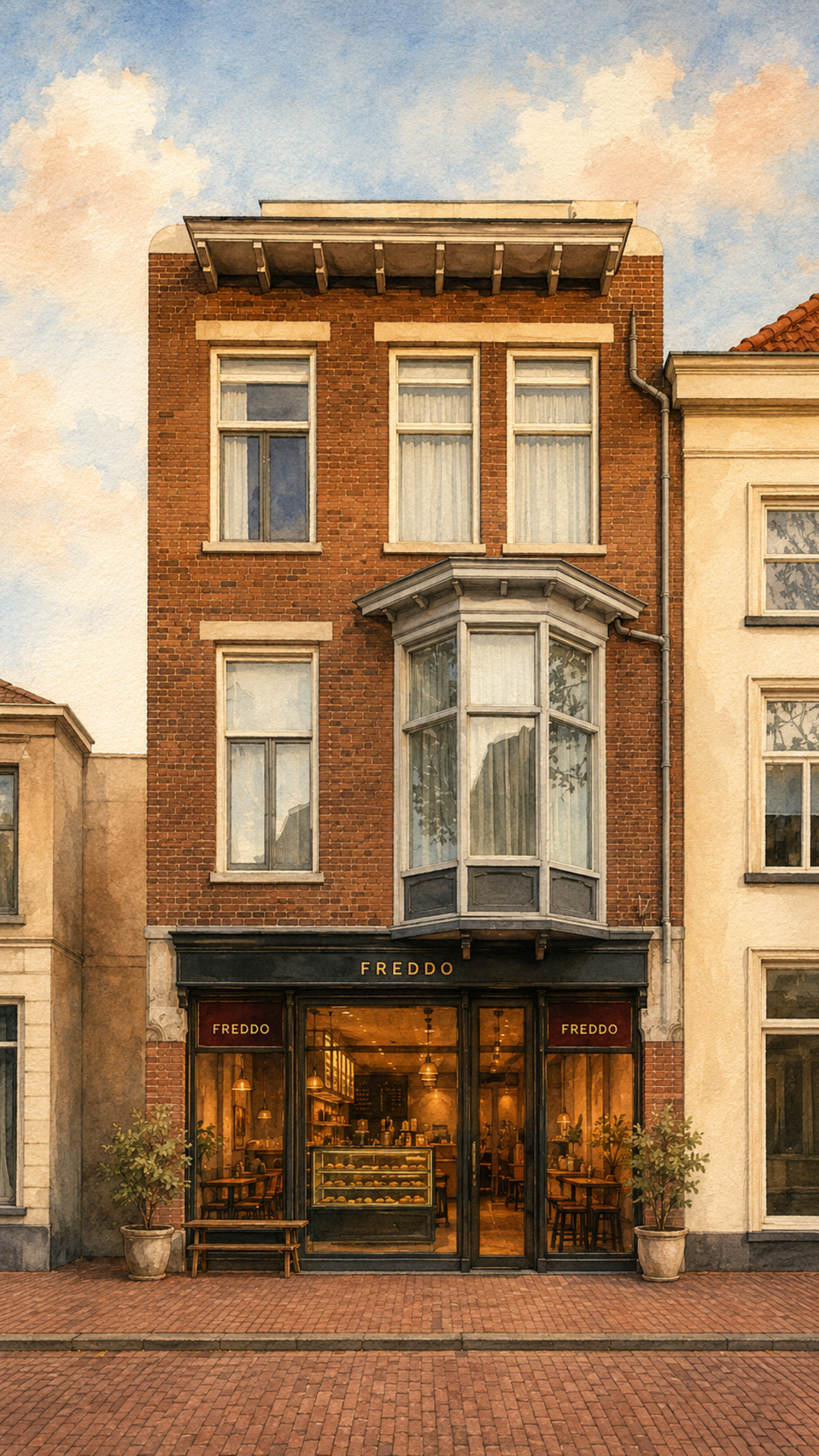 Artistic impression of the red-brick café frontage at Kamp 16 in Amersfoort, with a bay window and outdoor seating